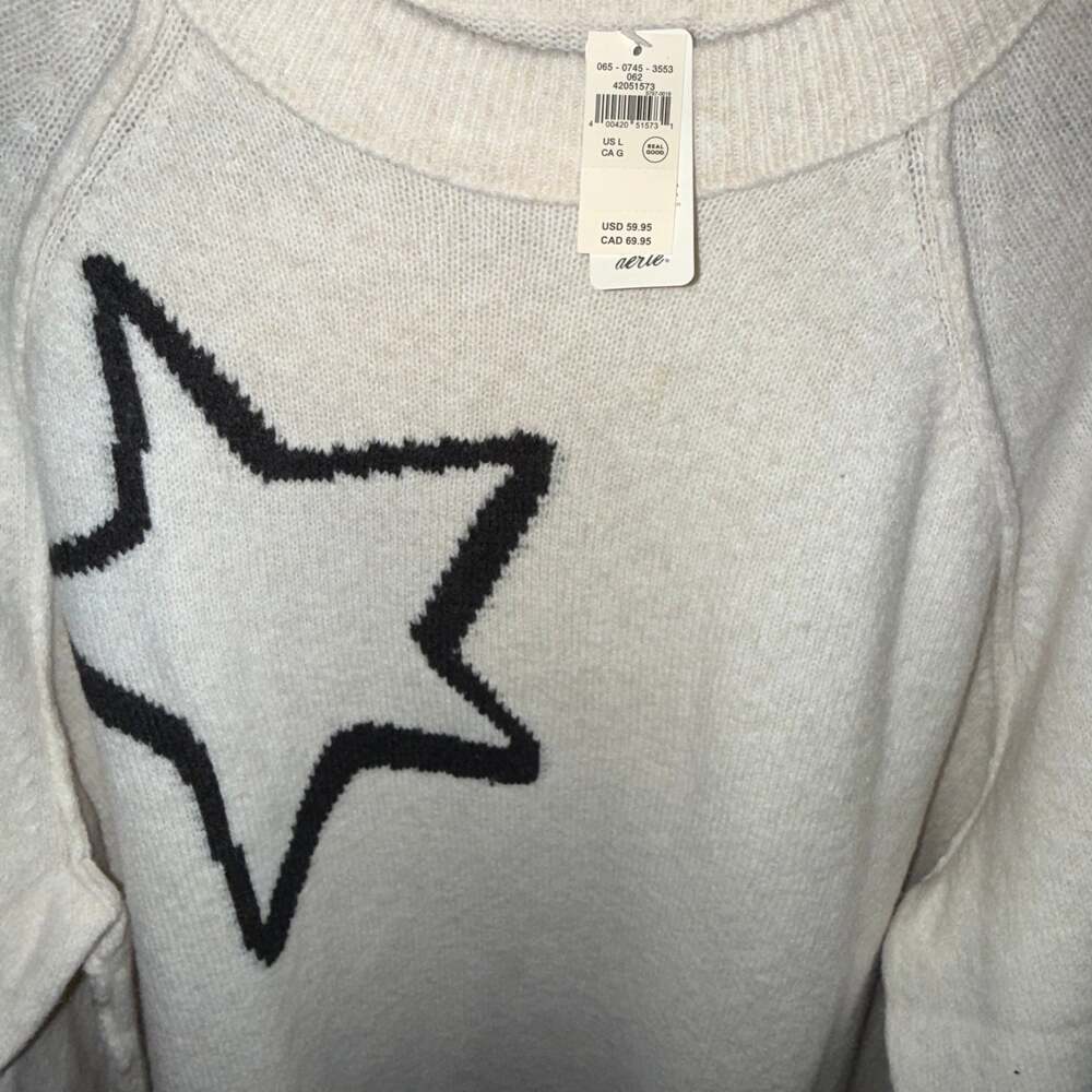 Aerie Cream and Black Crew Neck Sweater with Star Motif